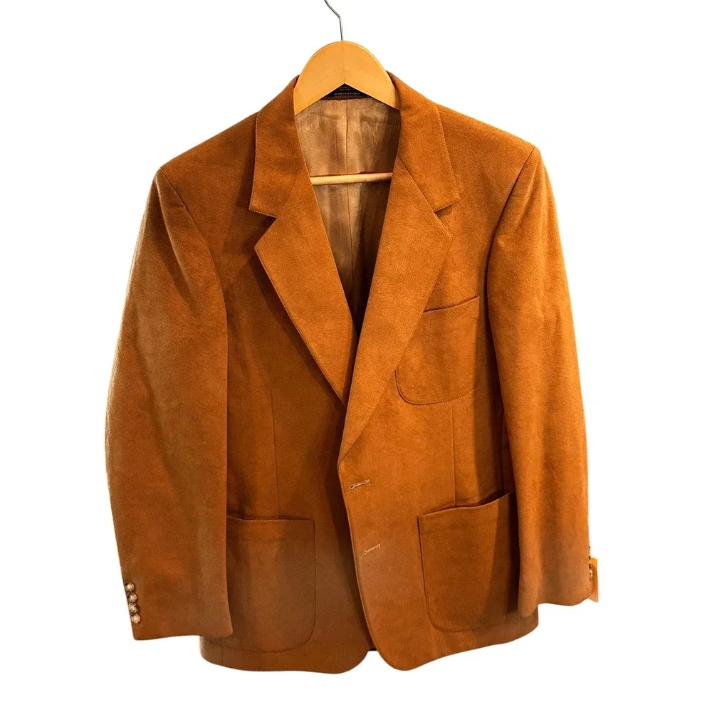 Vintage Mens Cognac Faux Suede Blazer Two Button Sport Coat Brown Size 39RG NWT